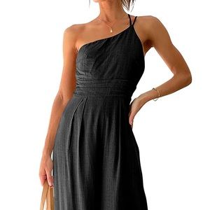 One Shoulder Pleated High Waist Casual Wide Leg Jumpsuit Romper with Pockets
